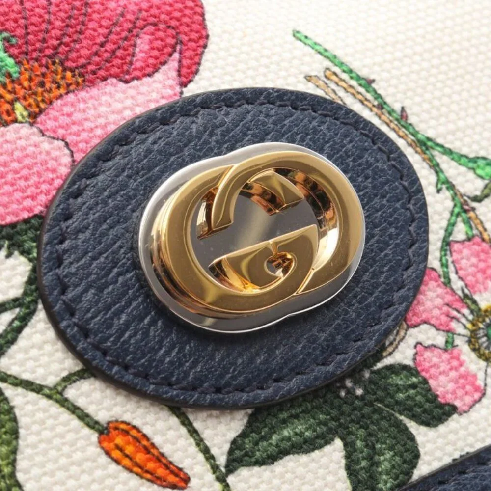 Gucci Shoulder Bag Flora White Navy Multi Floral Print Canvas Leather GG White - Picture 7 of 9